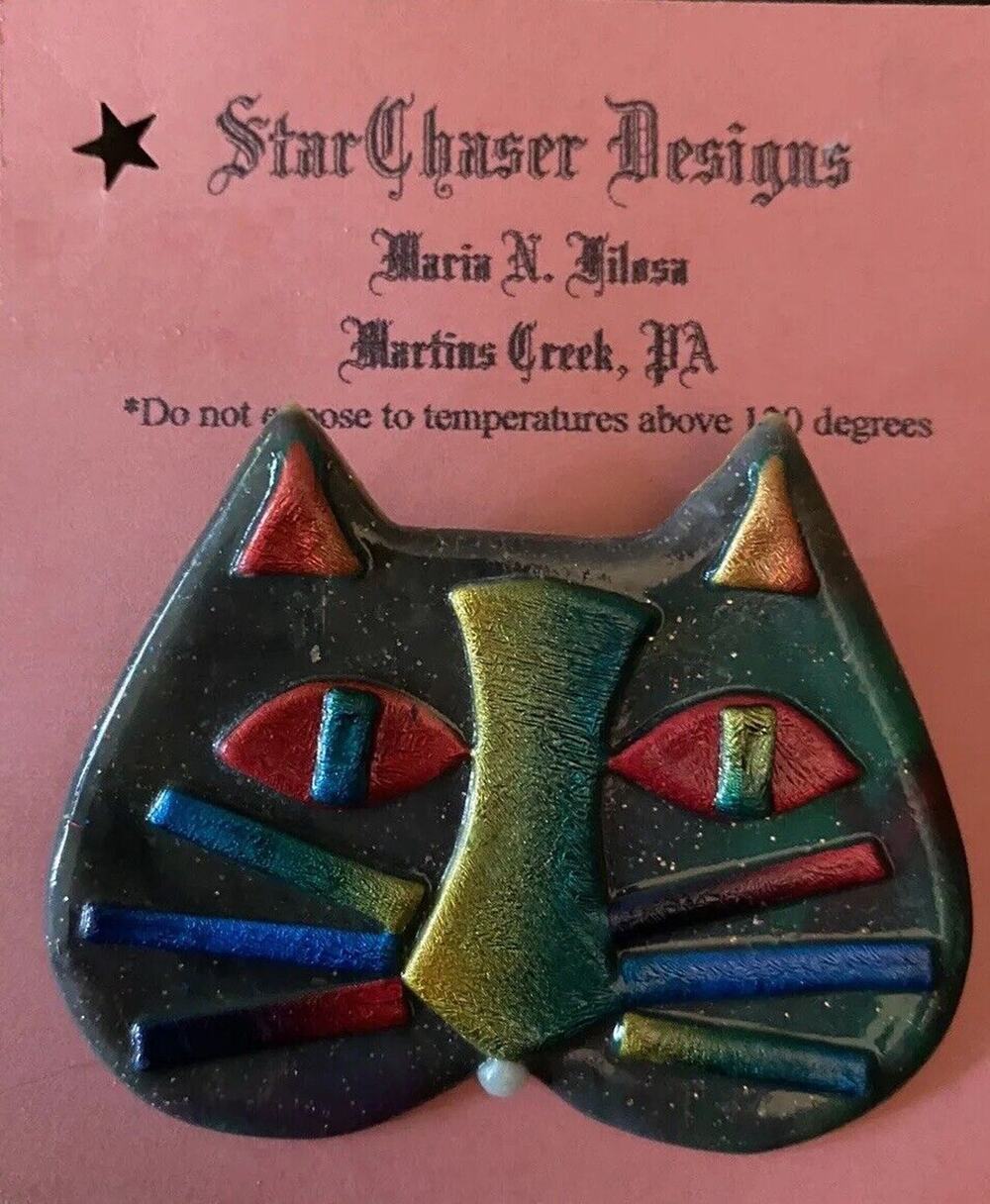 Star Chaser Design Colorful Cat Face Pin Multicolored Fun Boho Hippie Retro